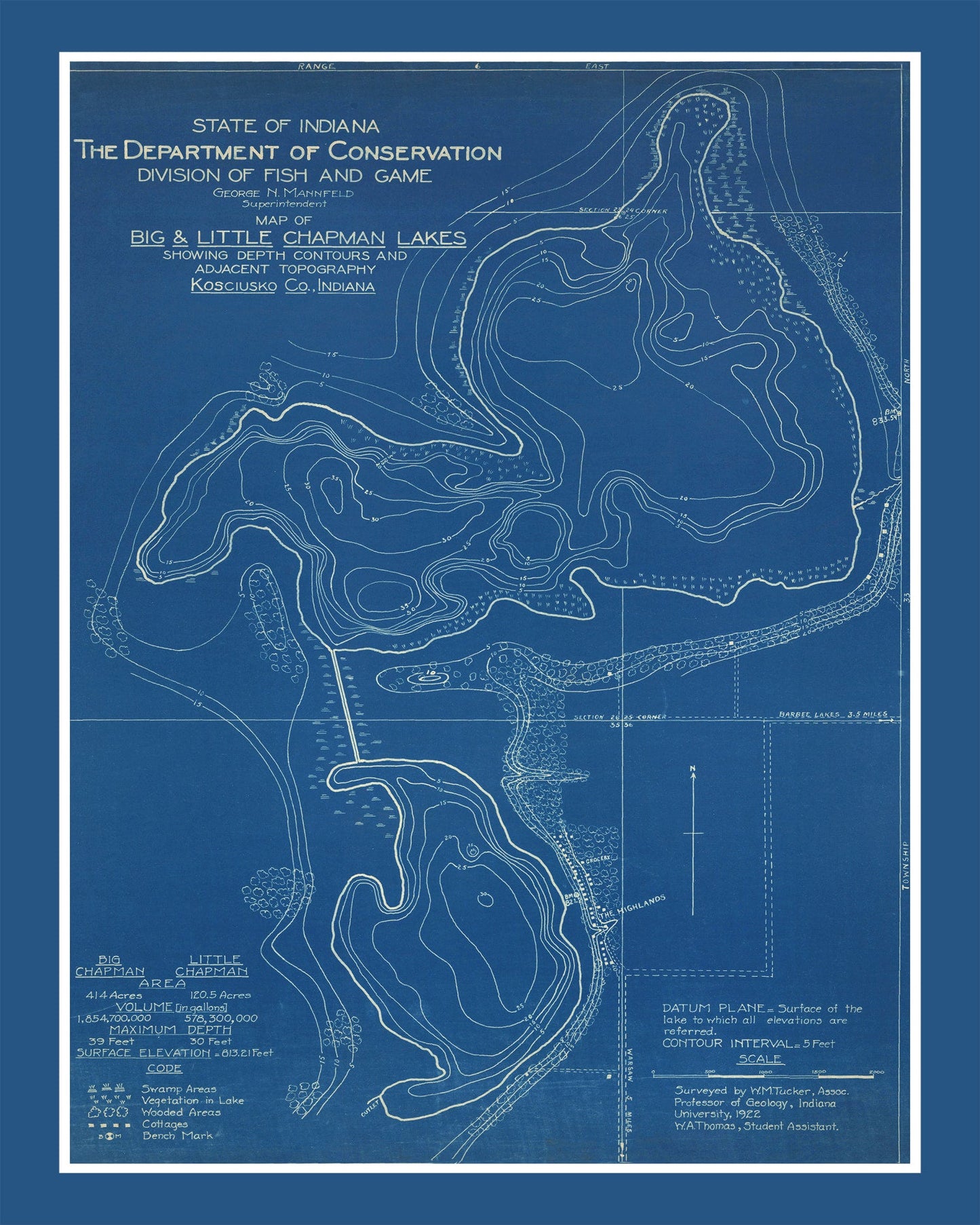 Vintage Map of Big and Little Chapman Lakes, Indiana, 1922