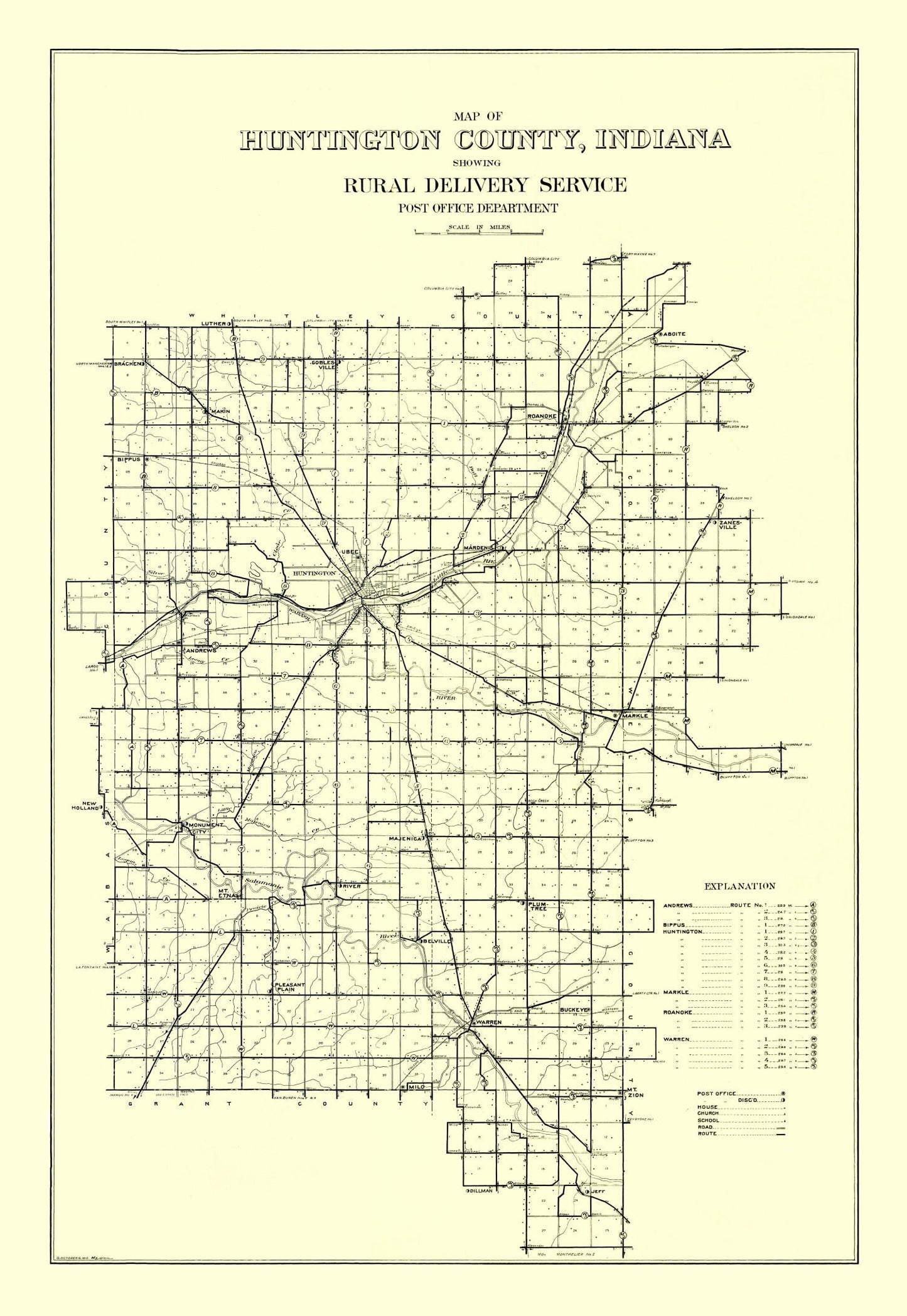 Vintage Map of Huntington County, Indiana, 1910