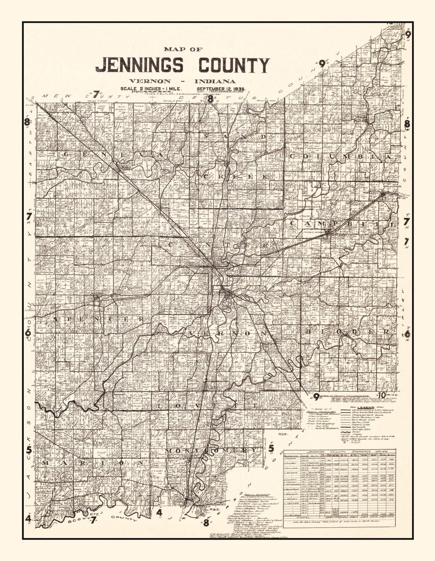 Vintage Map of Jennings County, Indiana, 1935