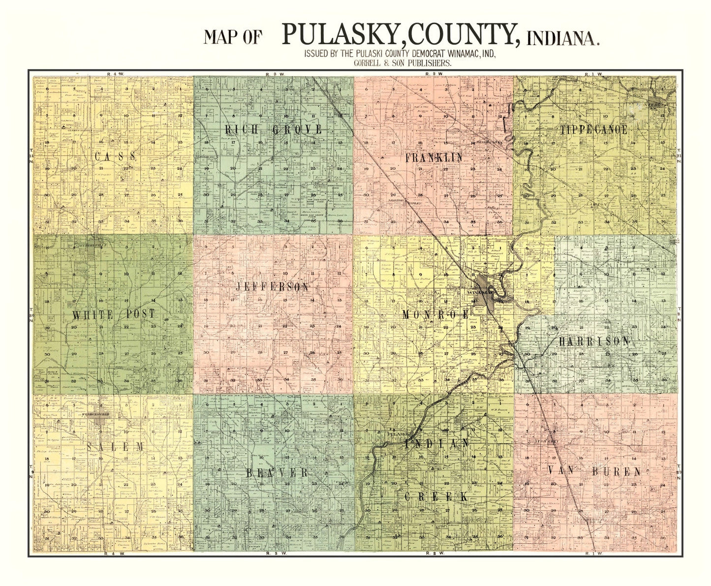 Vintage Map of Pulaski County, Indiana, 1911