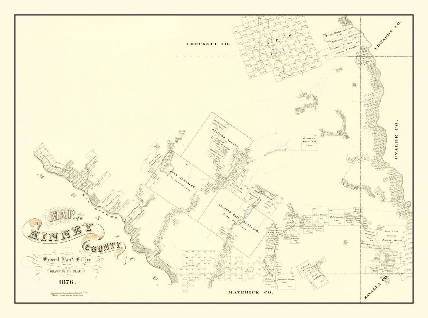 Vintage Map of Kinney County, Texas, 1876