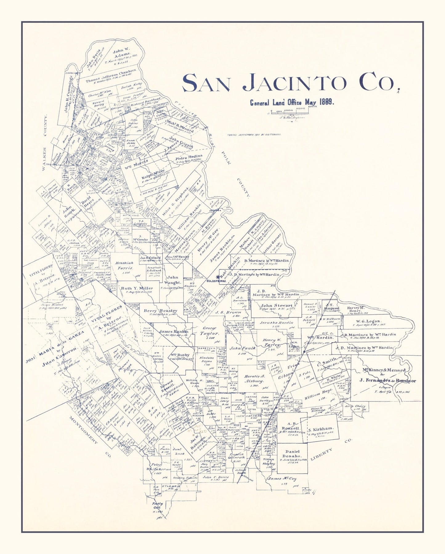 Vintage Map of San Jacinto County, Texas, 1889