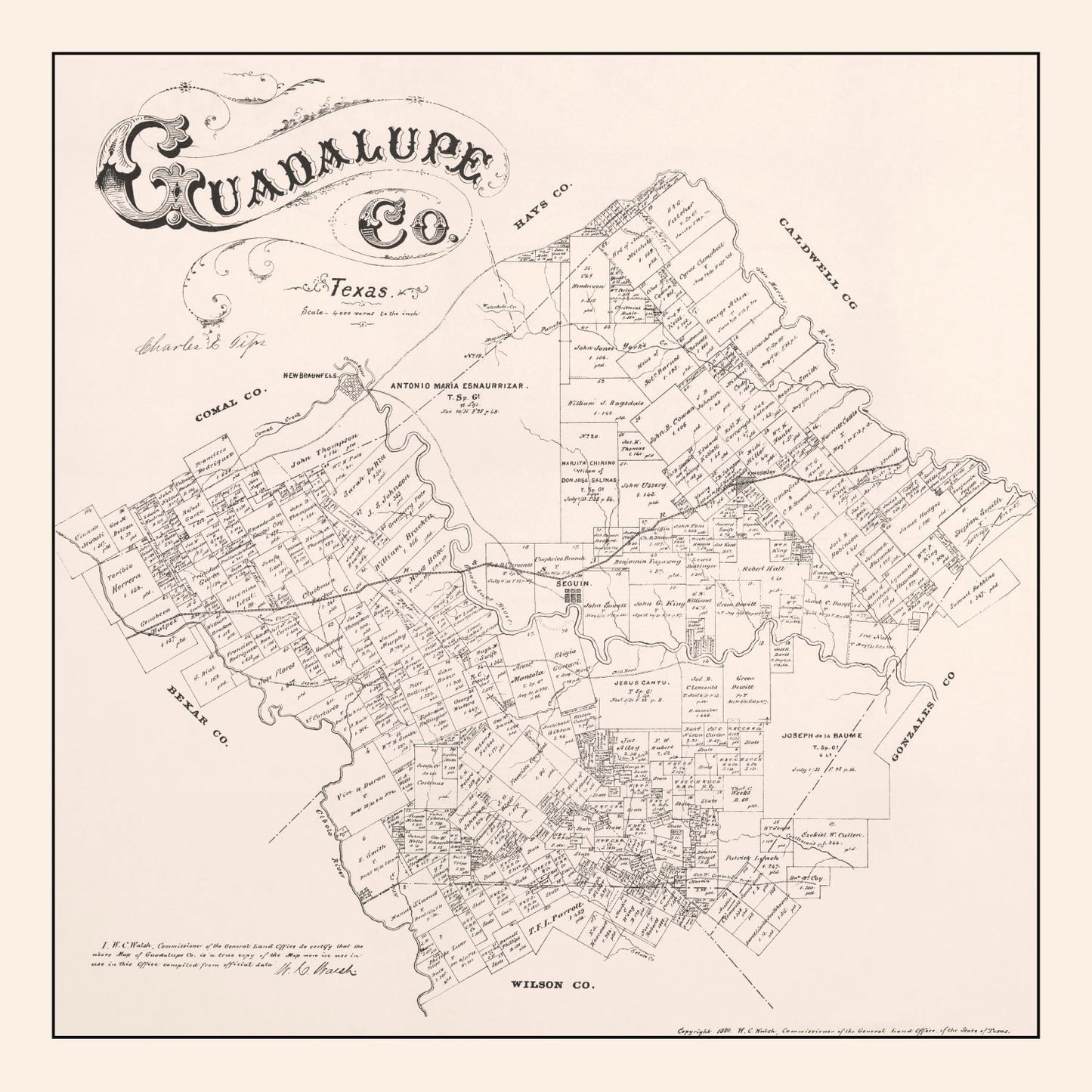 Vintage Map of Guadalupe County, Texas, 1880