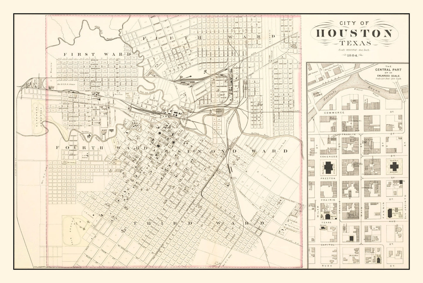 Vintage Map of Houston, Harris County, Texas, 1884