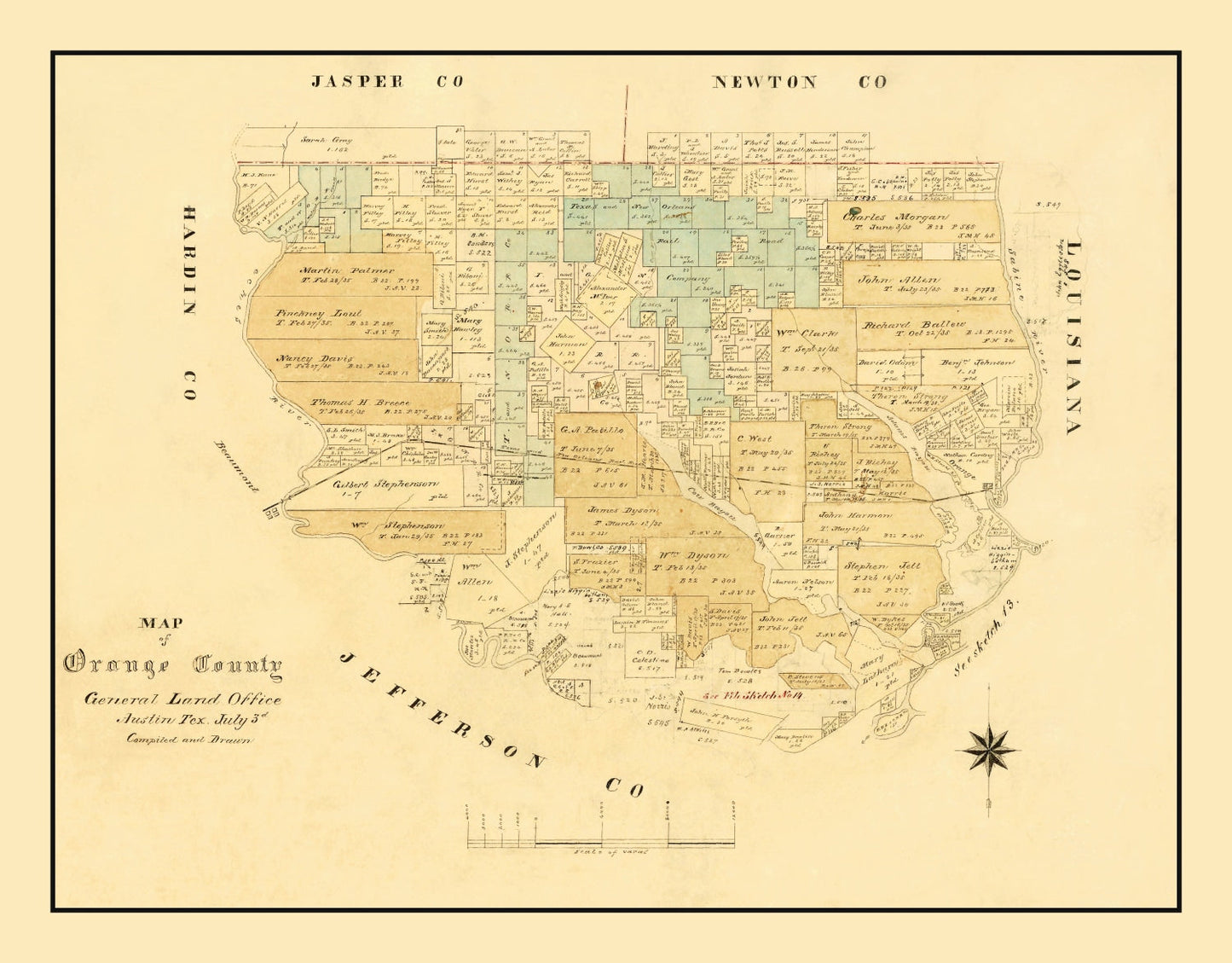 Vintage Map of Orange County, Texas, 1880