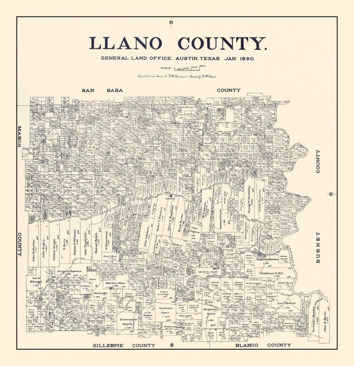 Vintage Map of Llano County, Texas, 1890