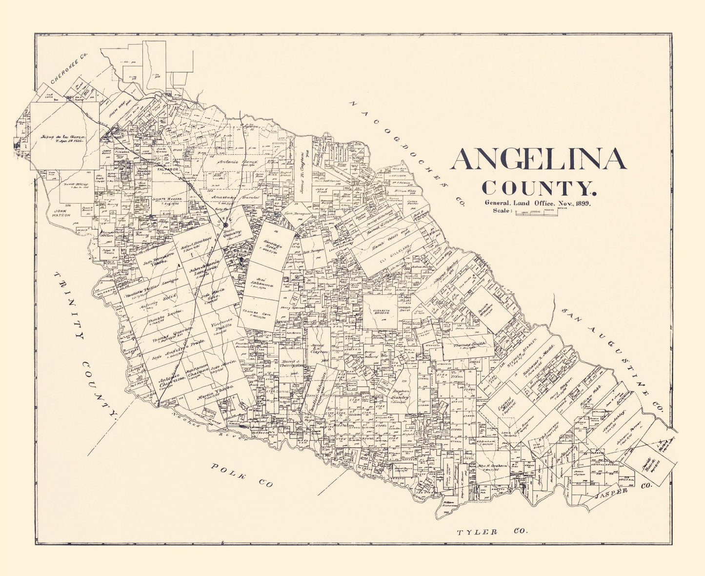 Vintage Map of Angelina County, Texas, 1899