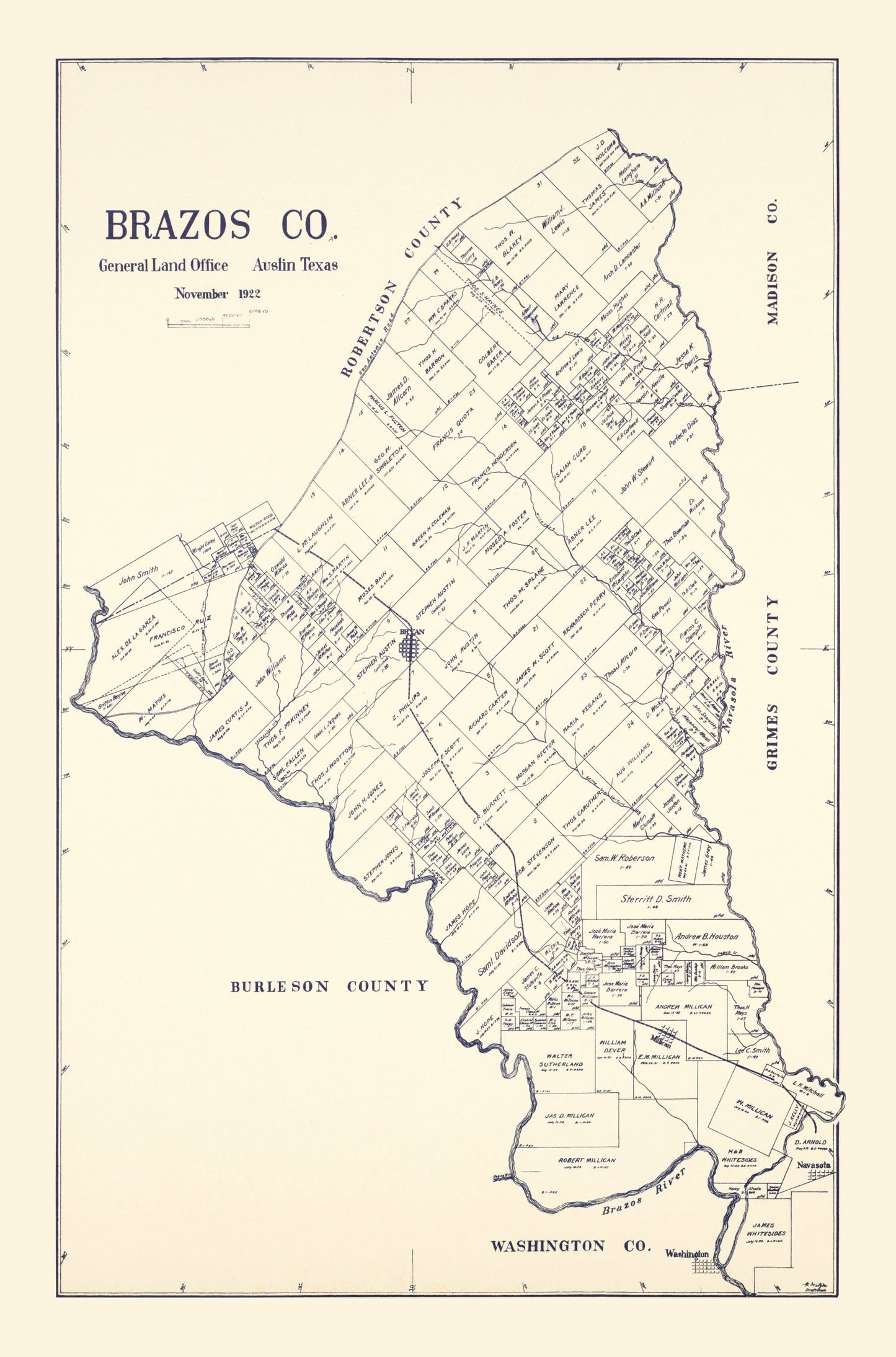 Vintage Map of Brazos County, Texas 1922