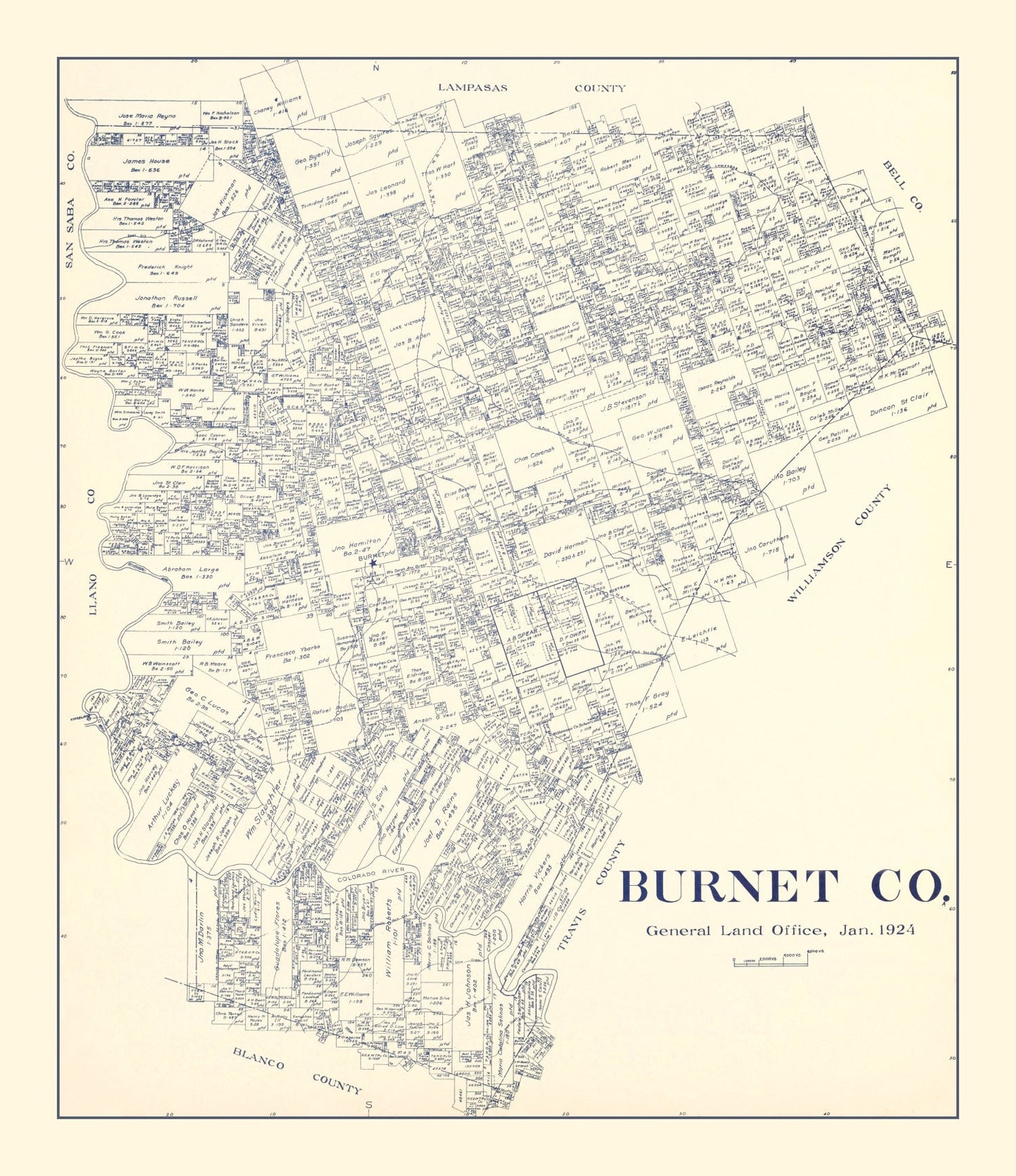Vintage Map of Burnet County, Texas, 1924 | Wall Art