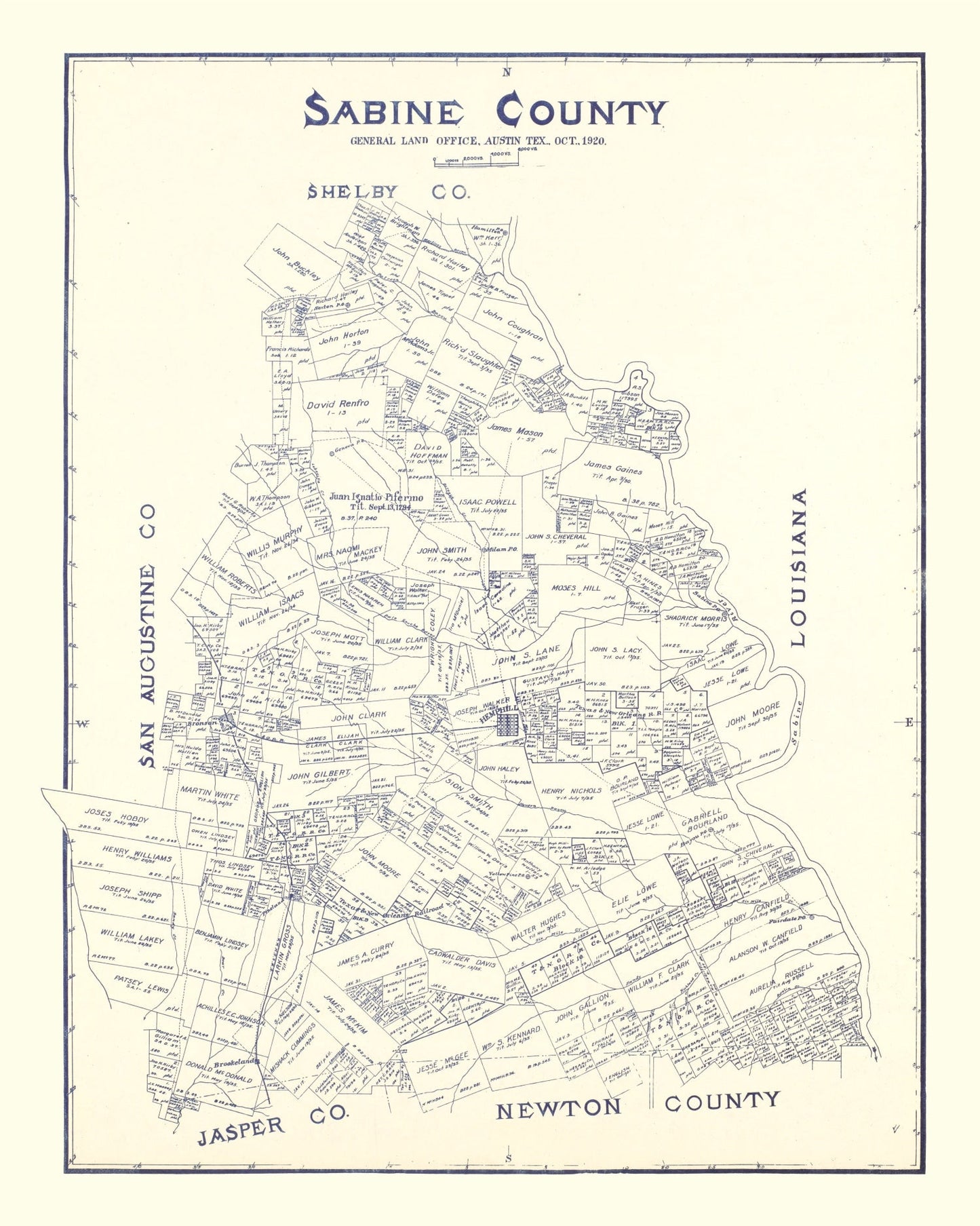 Vintage Map of Sabine County, Texas, 1920