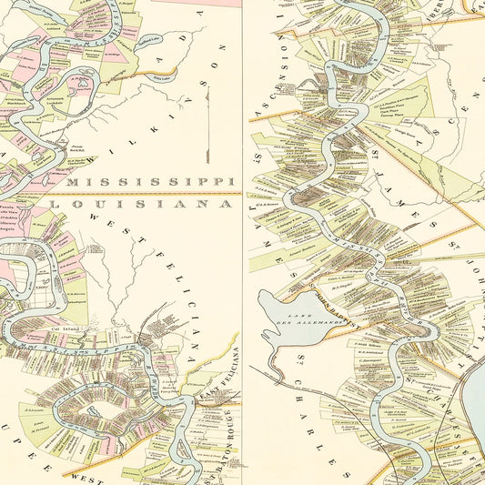 Vintage Plantations on the Mississippi River Map, 1858
