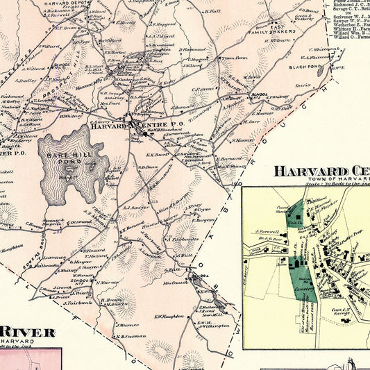 Vintage Map of Harvard, Massachusetts, 1870
