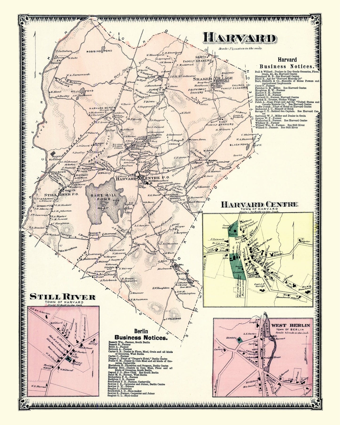 Vintage Map of Harvard, Massachusetts, 1870