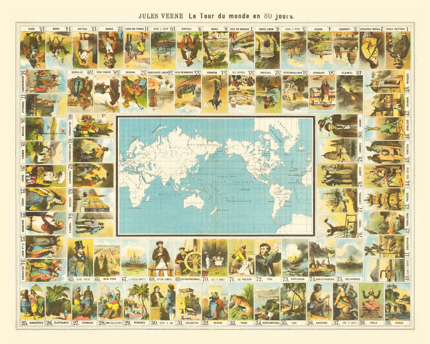 Jules Verne Around the World in 80 Days Map, 1870