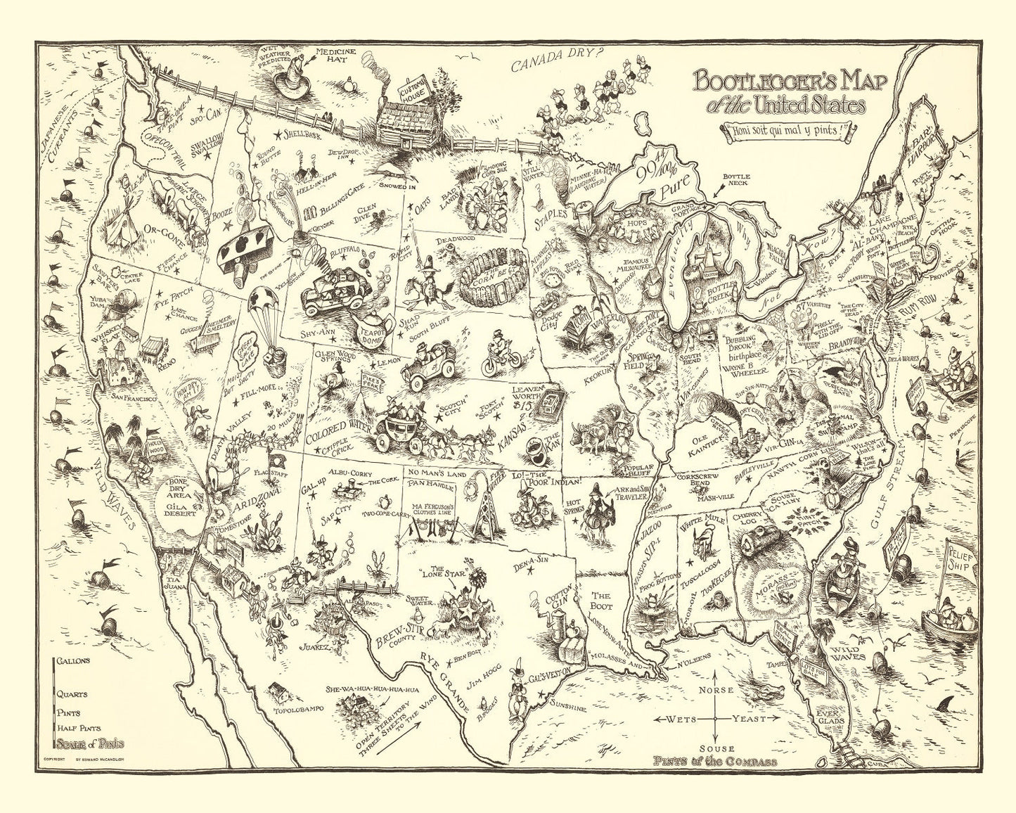 Vintage Bootlegger's Map of the United States, 1926