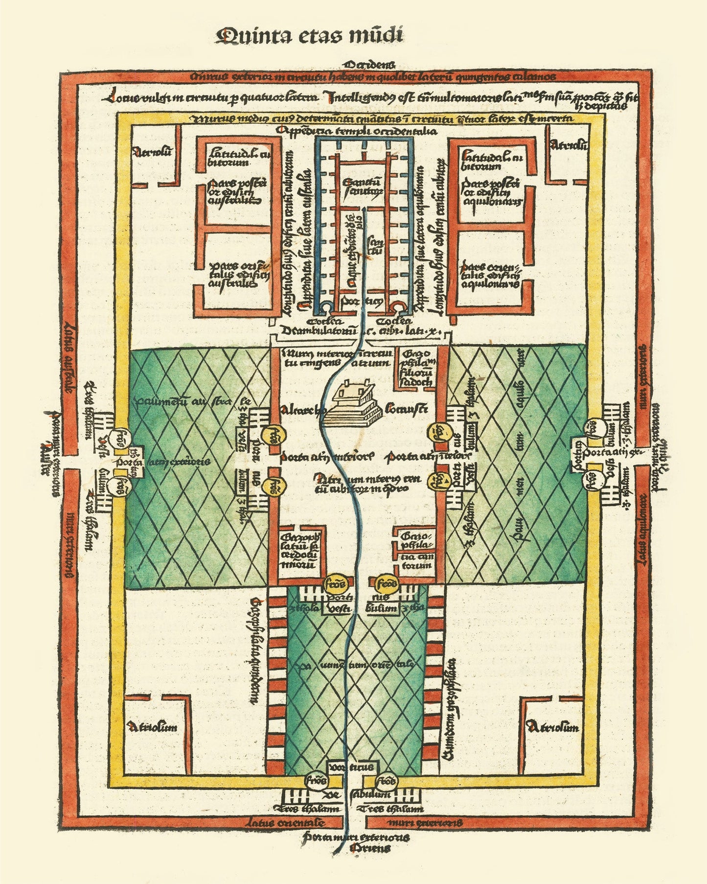 Vintage Map of Ezekiel's Temple, Israel, 1493