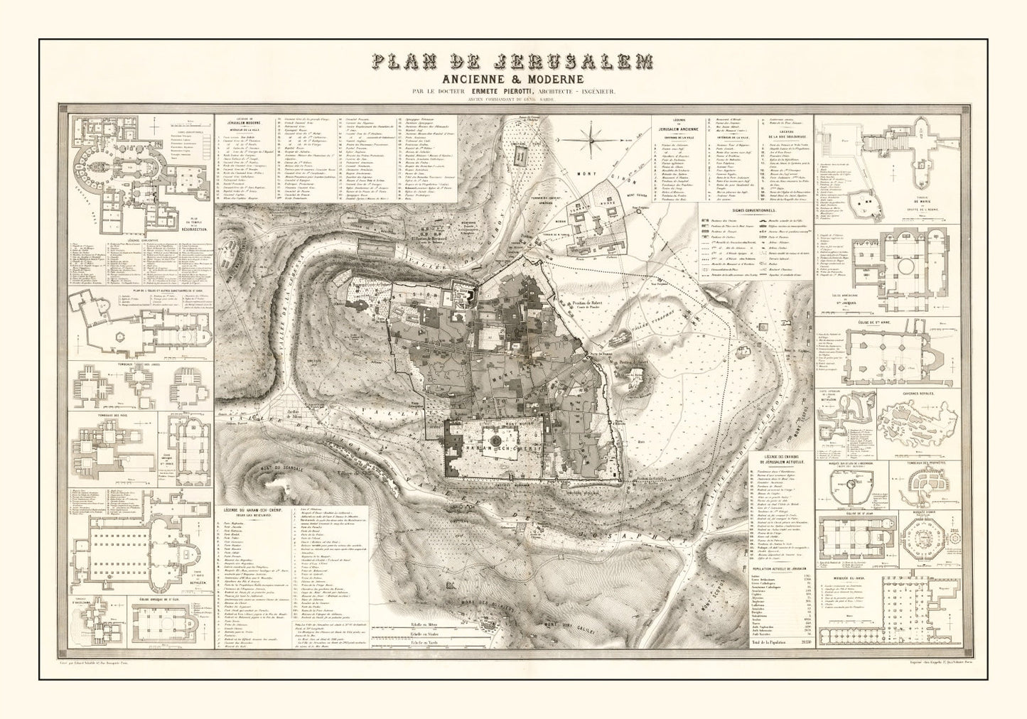 Vintage Map of Jerusalem, Israel, 1860