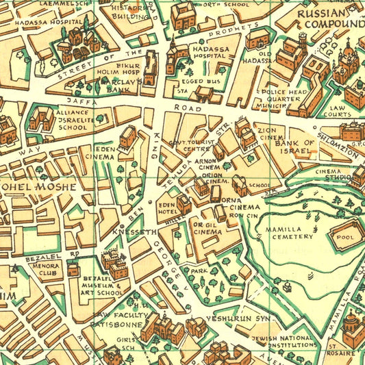 Vintage Map of Jerusalem, Israel, 1955