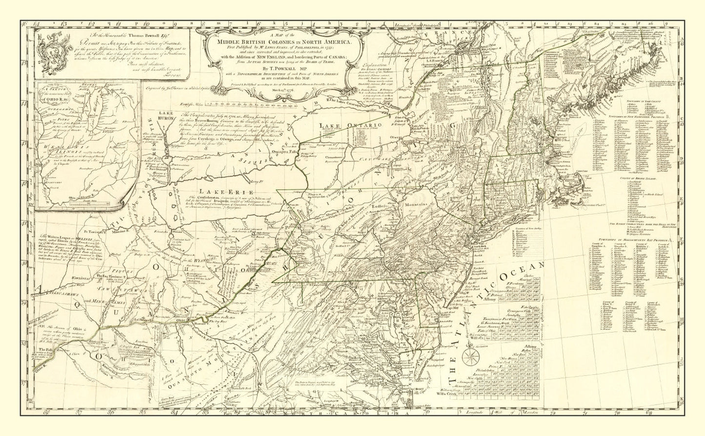 Vintage Map of the Middle British Colonies in North America, 1755