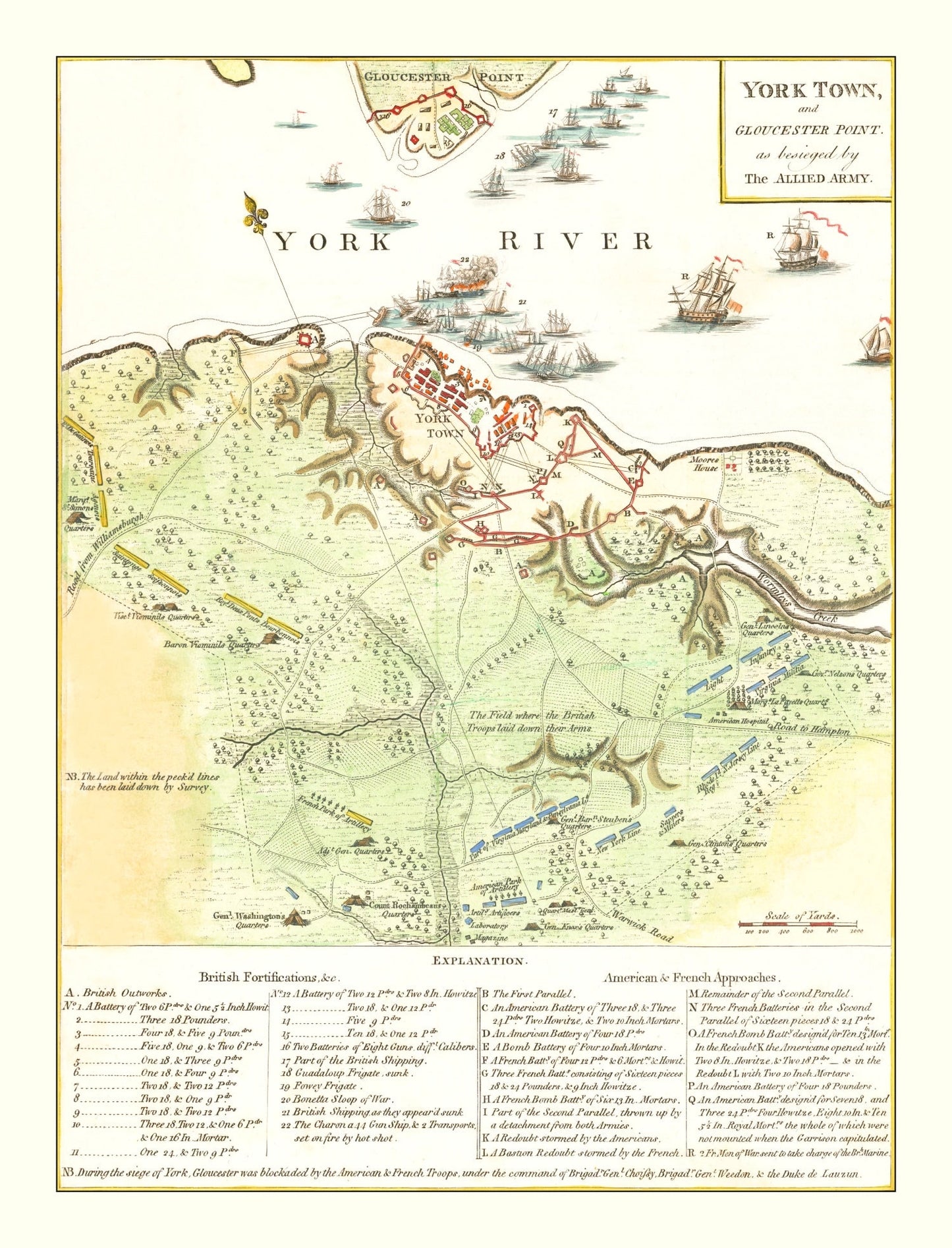 Vintage Map of Yorktown and Gloucester, 1788