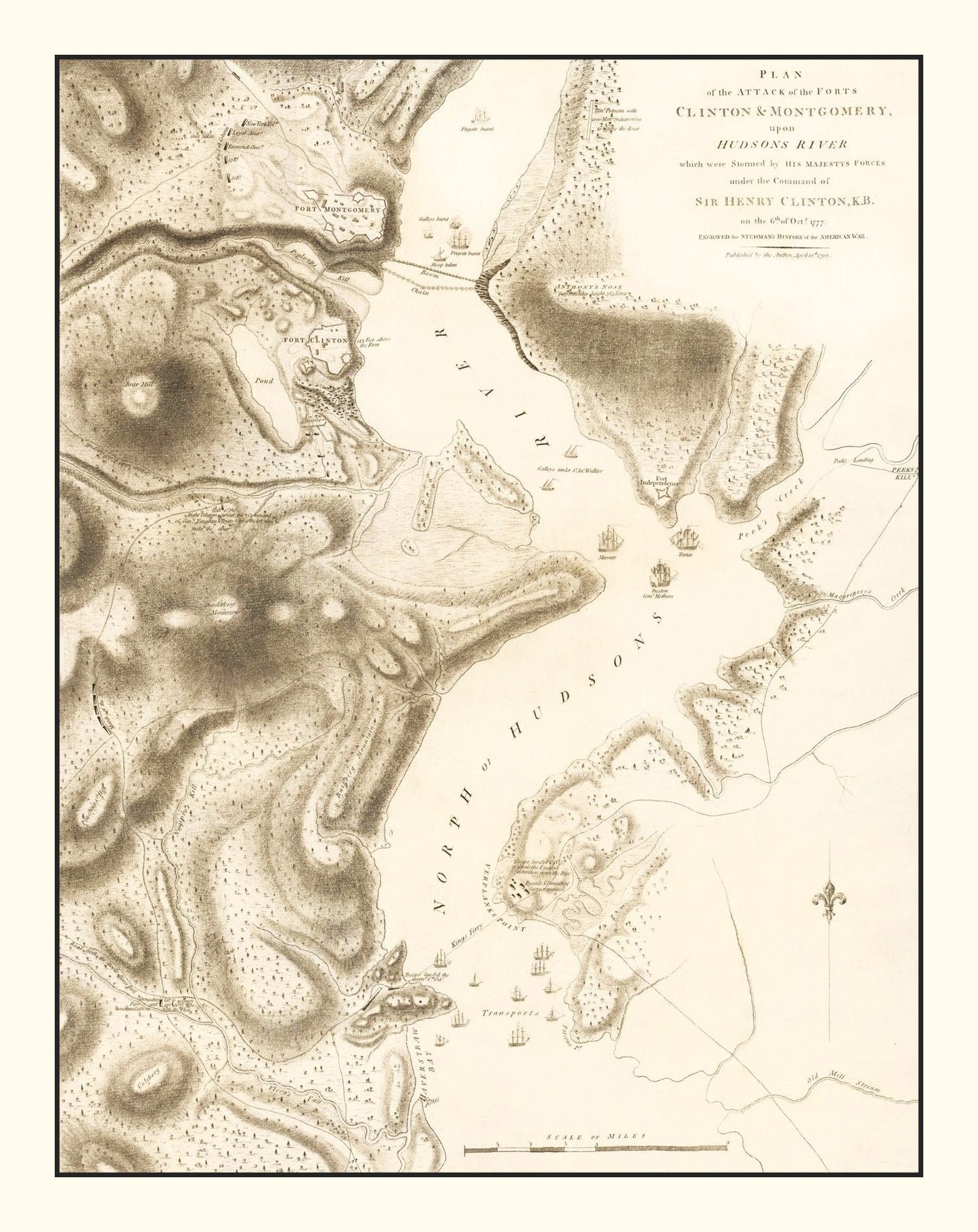 Vintage Attack of Fort Clinton and Fort Montgomery Map, 1794