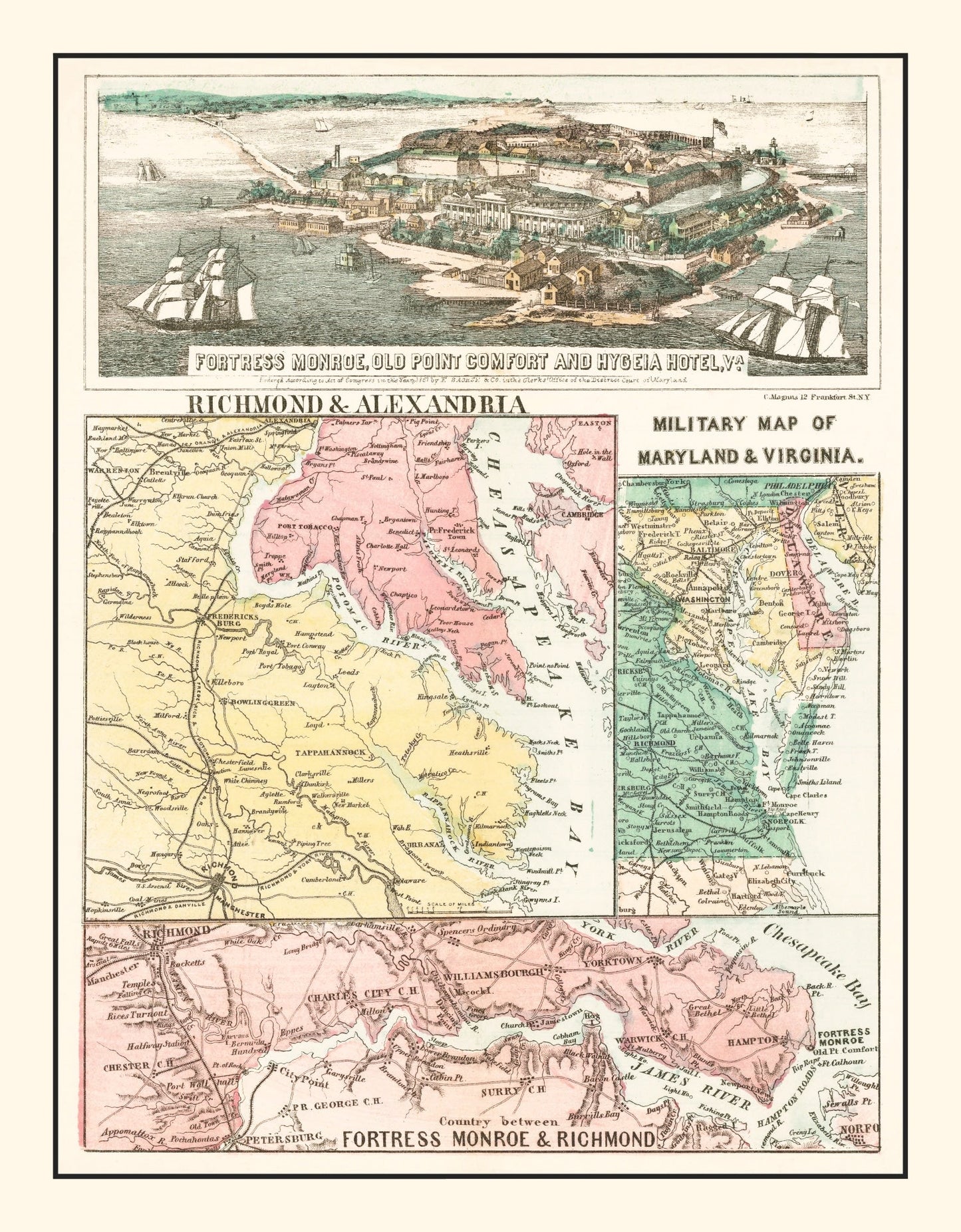 Vintage Fortress Monroe, Virginia Map, 1861