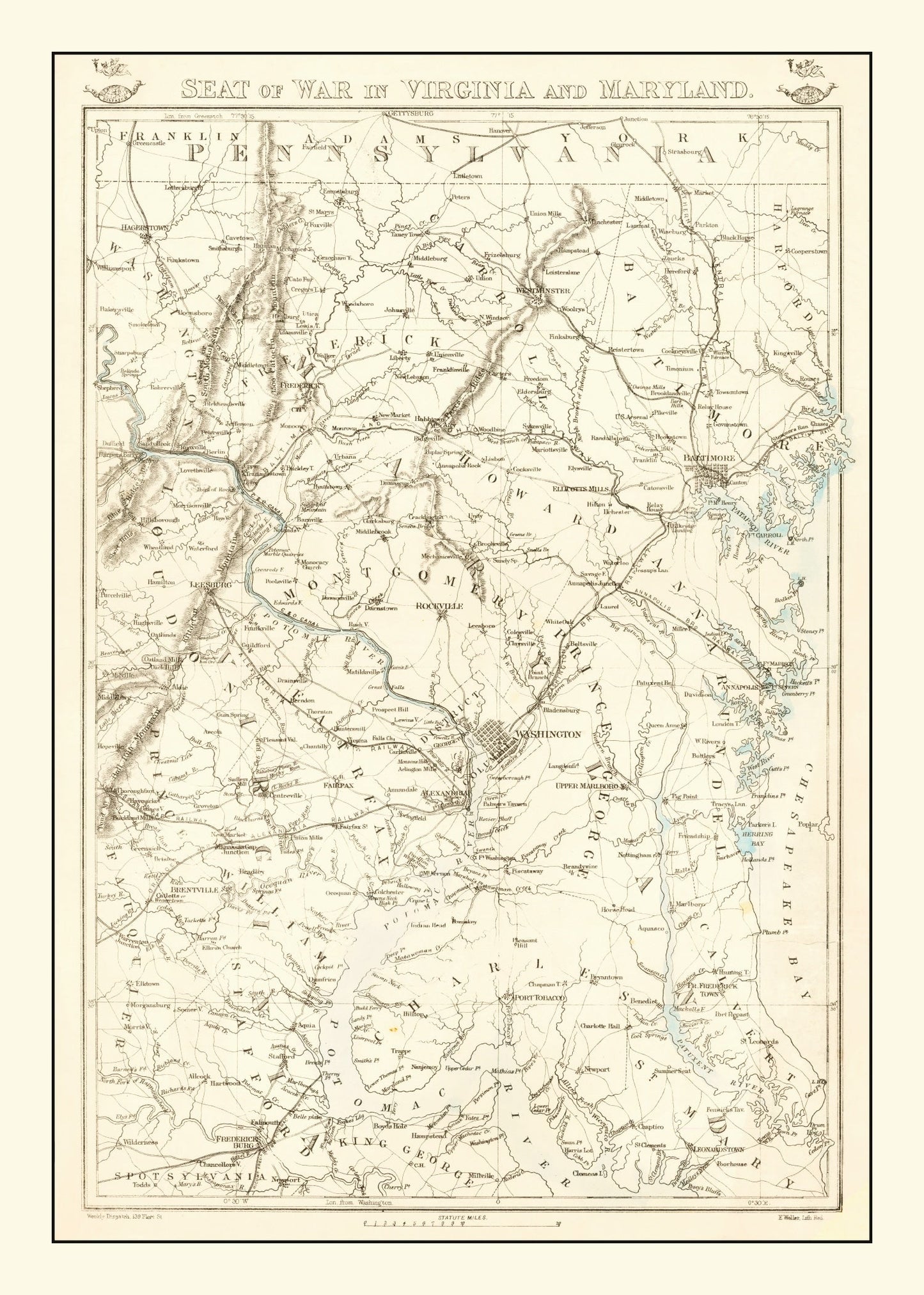 Vintage Seat of War in Virginia and Maryland Map, 1863