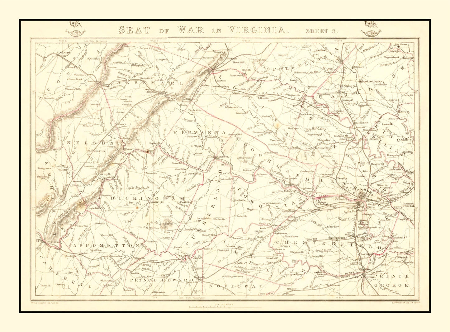 Vintage Map of the Seat of War in Virginia, 1863