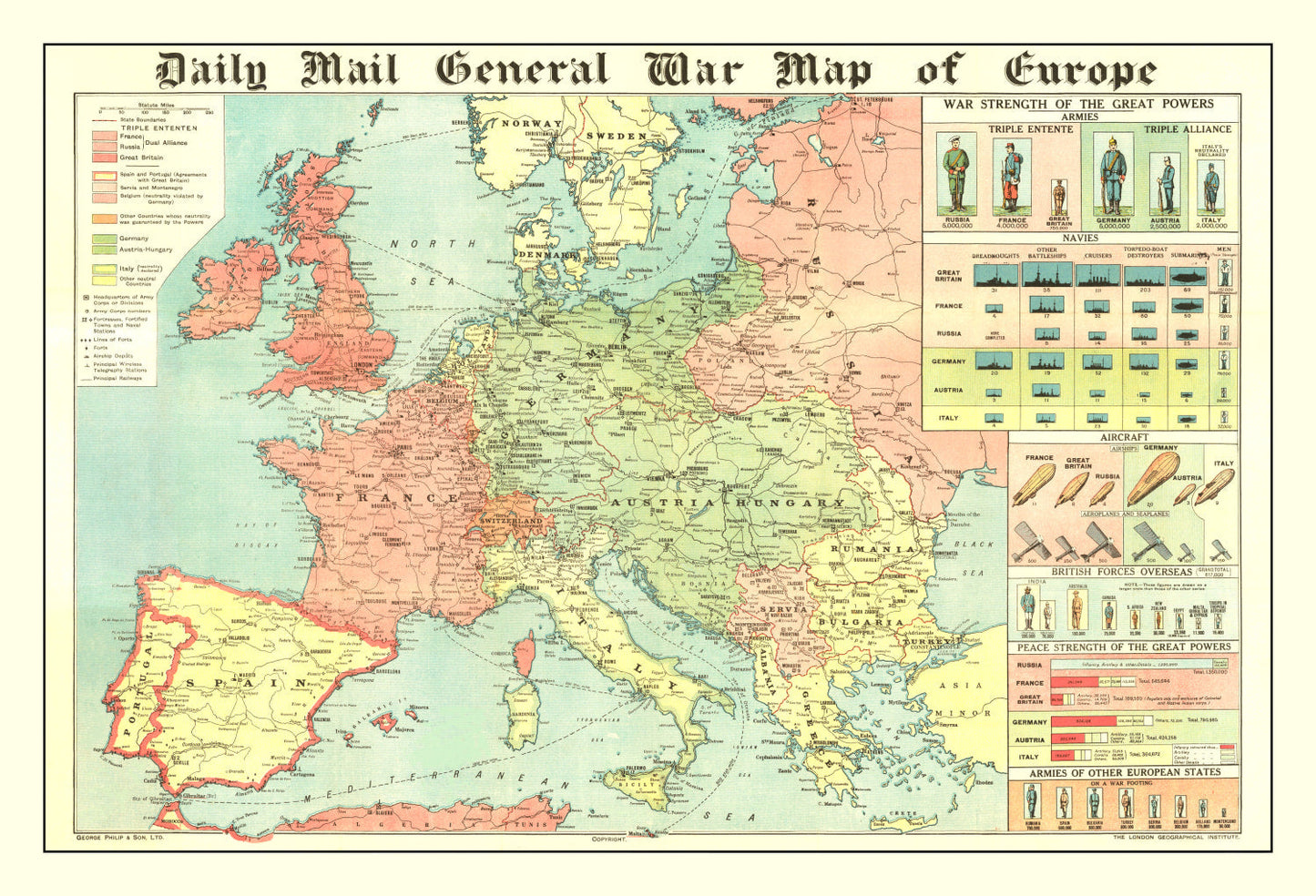 Vintage World War I Map of Europe, 1914