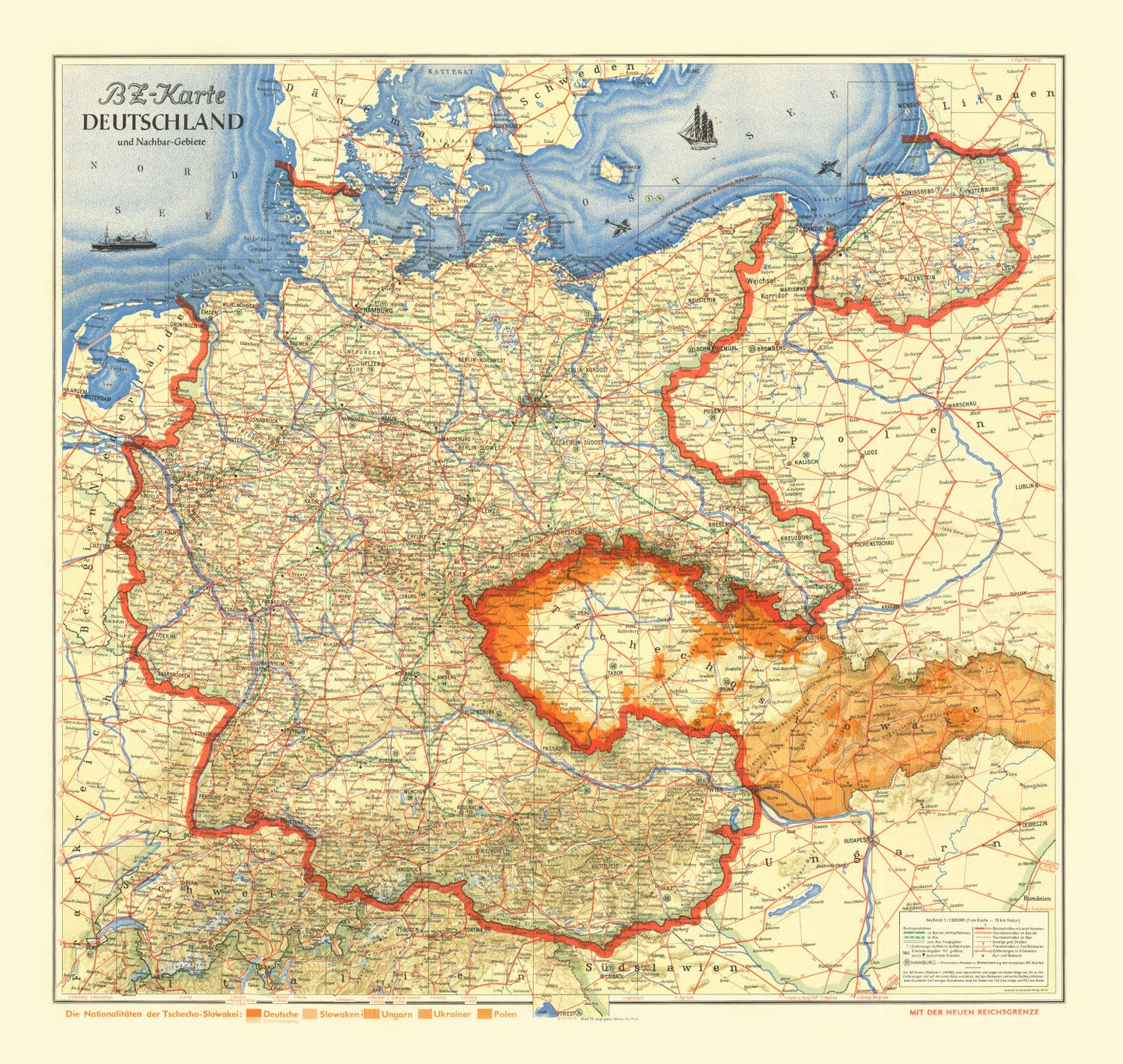 Vintage Map of Germany & Neighboring Areas, 1938