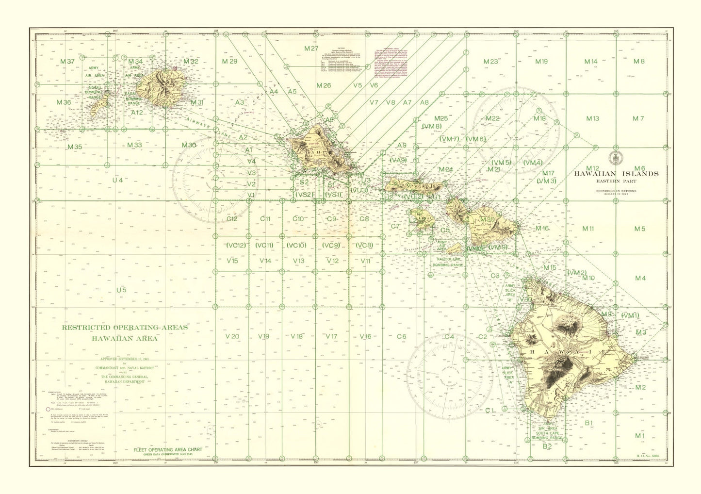 Vintage Hawaii World War II Map, 1941