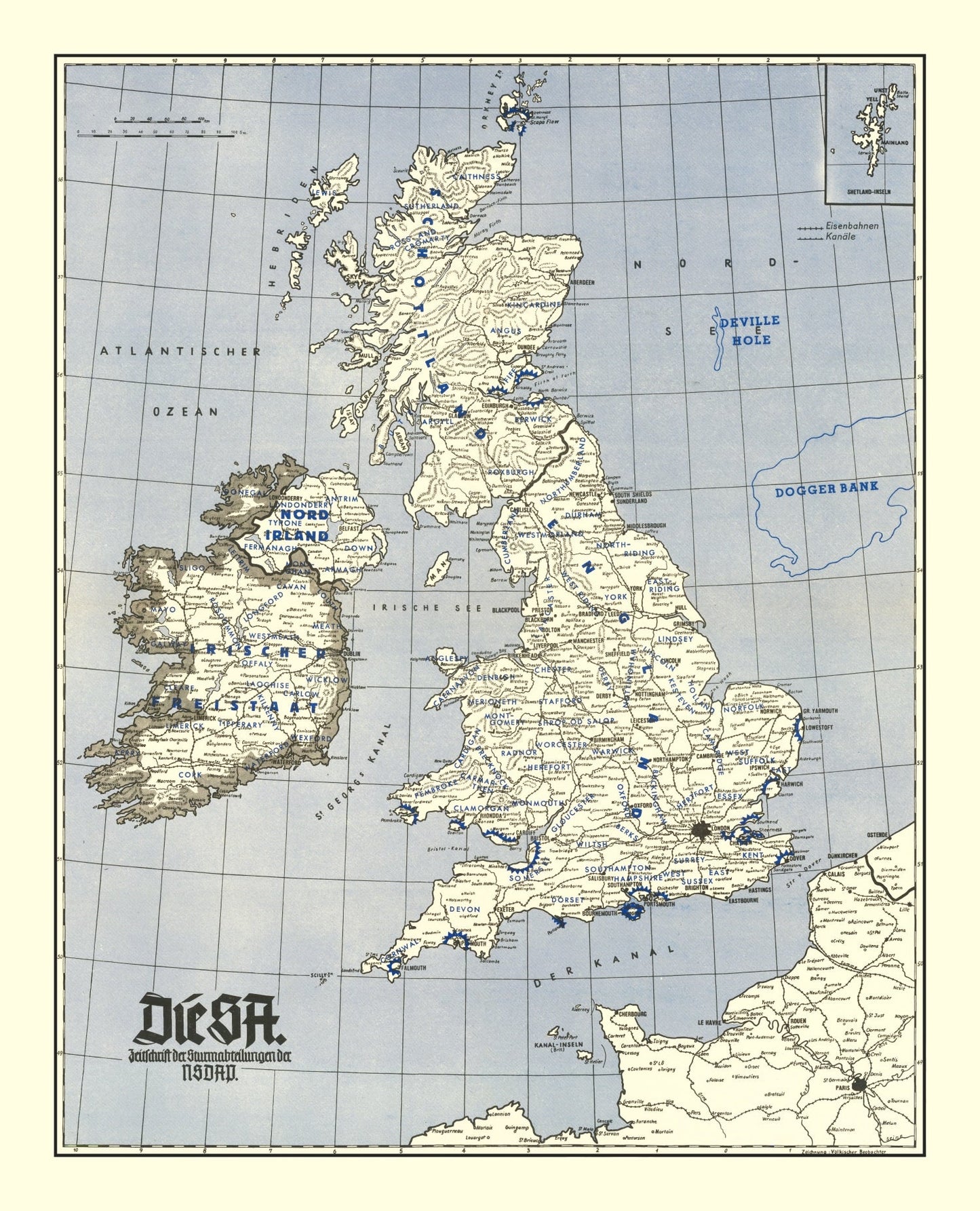 Vintage Map of the British Isles, World War II, 1941