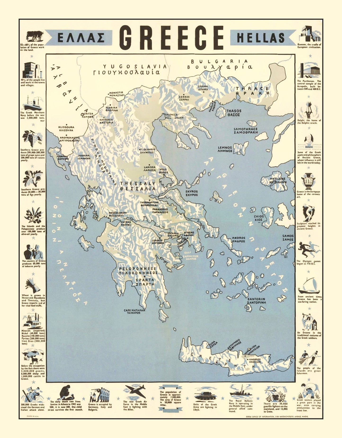 Vintage Greece World War II Map, 1942