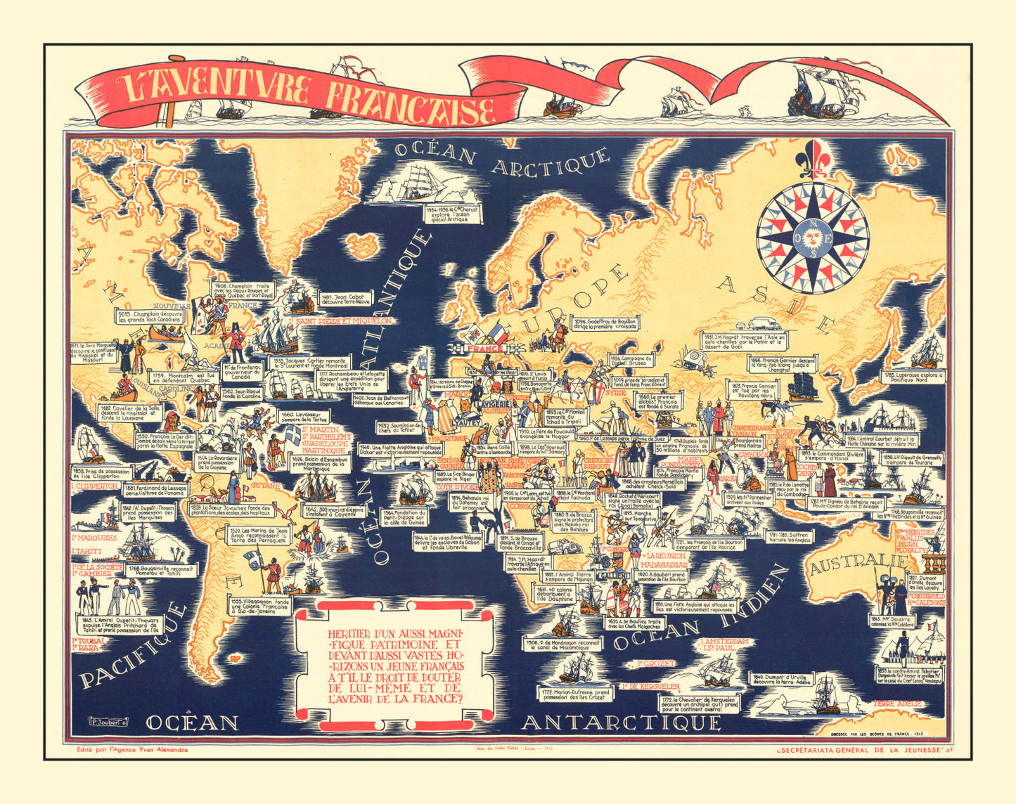 Vintage WWII French Propaganda World Map, 1942