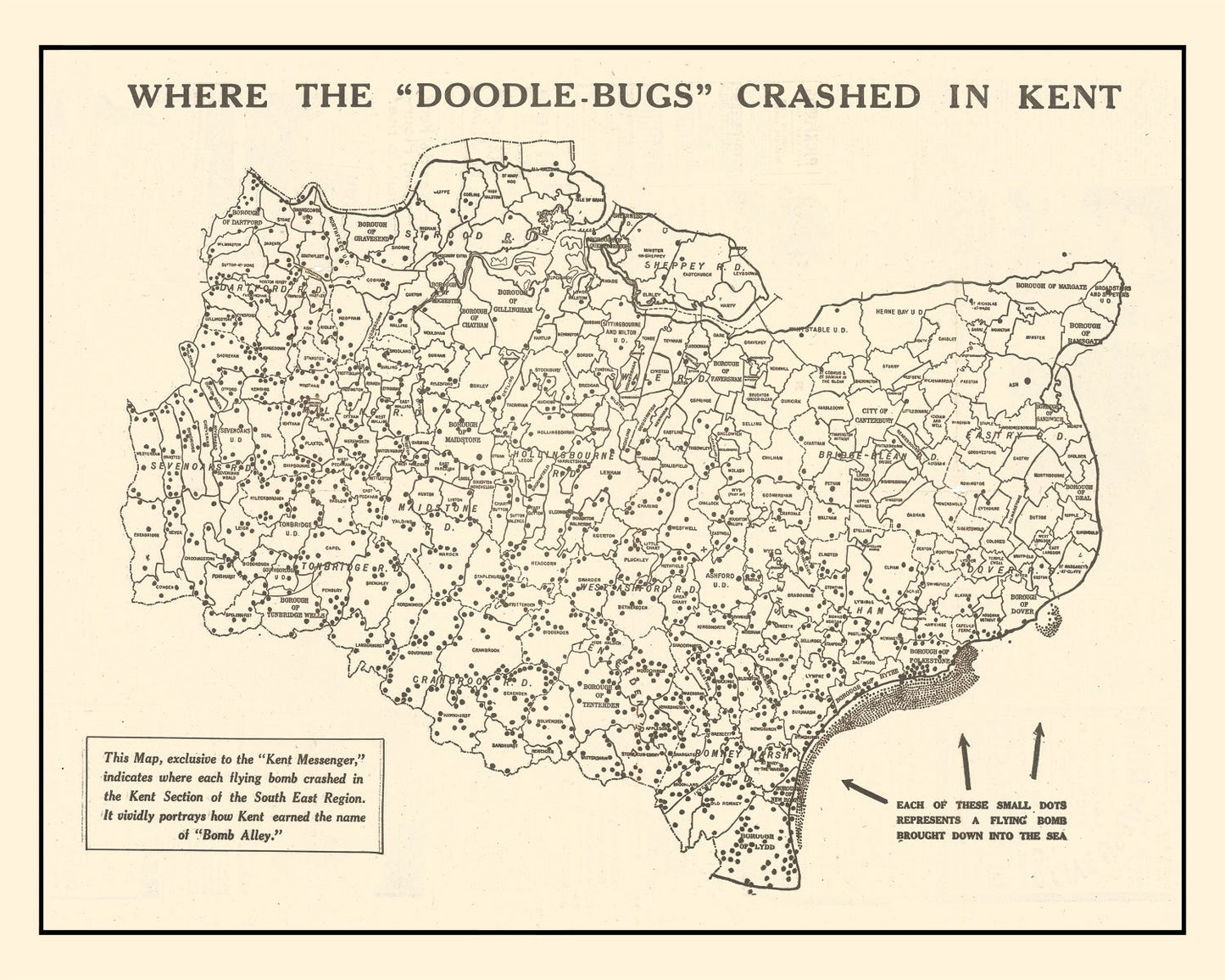 Vintage World War II Map of Doodle Bugs in Kent, 1944