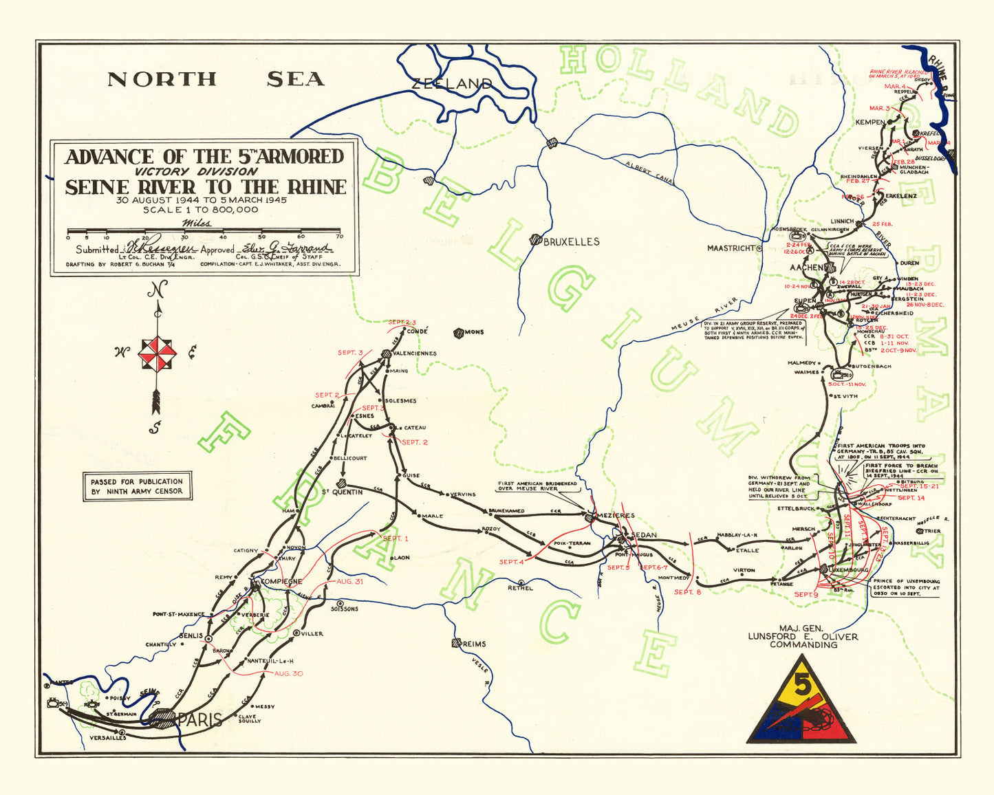 Vintage 5th Armored Victory Division Map, 1945