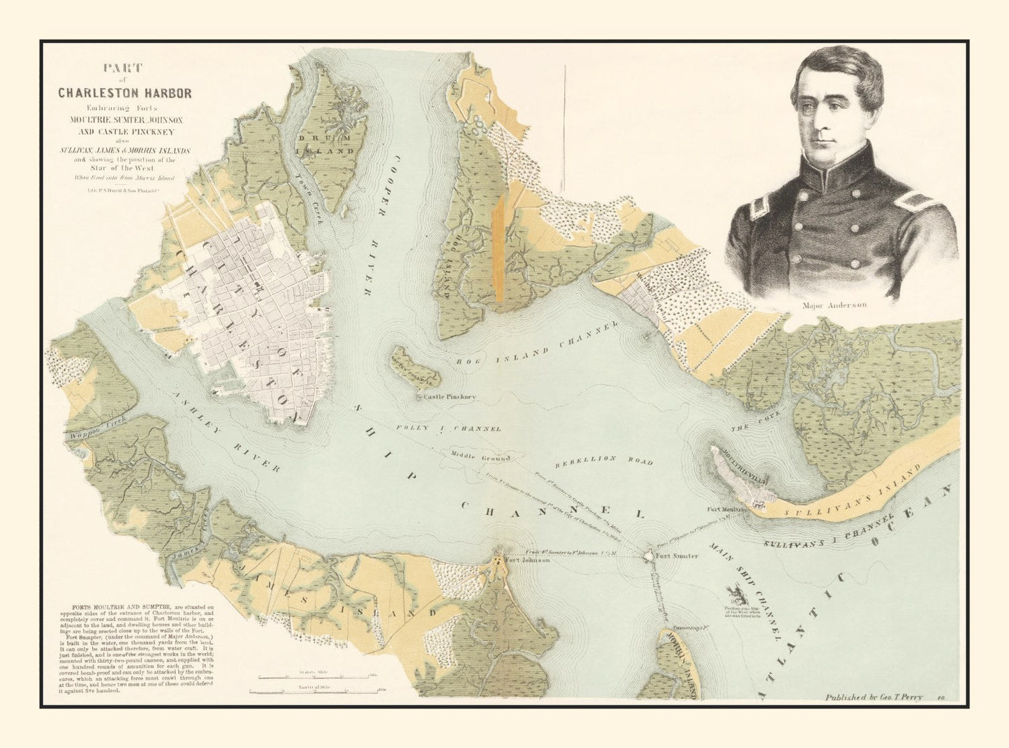 Vintage Charleston Harbor Map, South Carolina, 1861