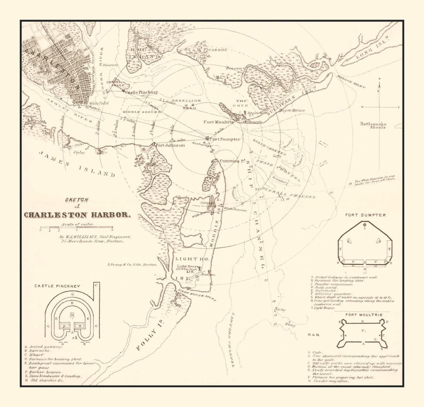 Vintage Charleston Harbor Map, South Carolina, 1865