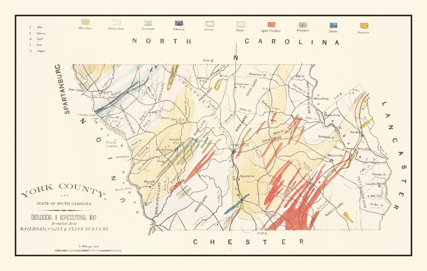 Vintage Map of York County, South Carolina, 1880