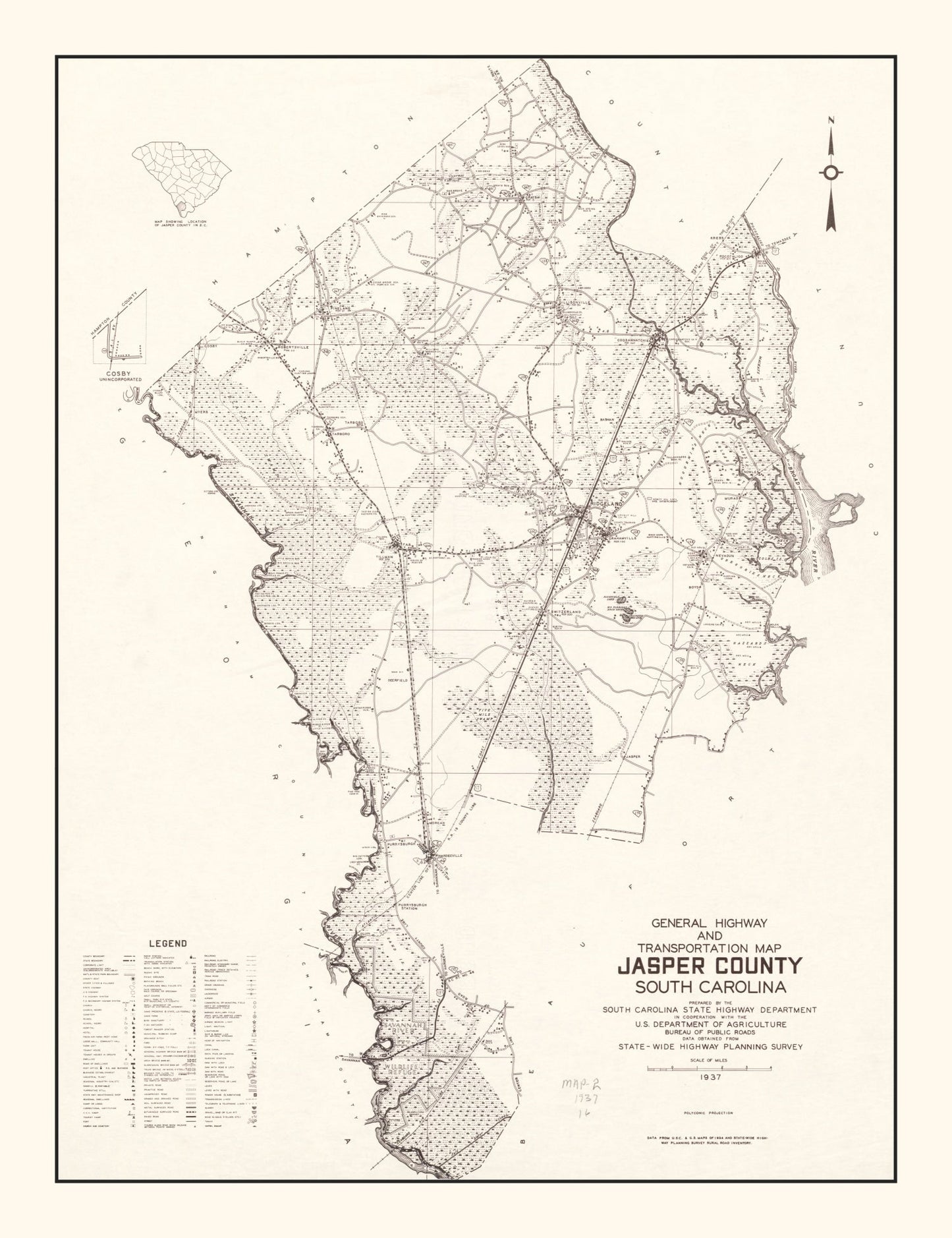 Vintage Map of Jasper County, South Carolina, 1938