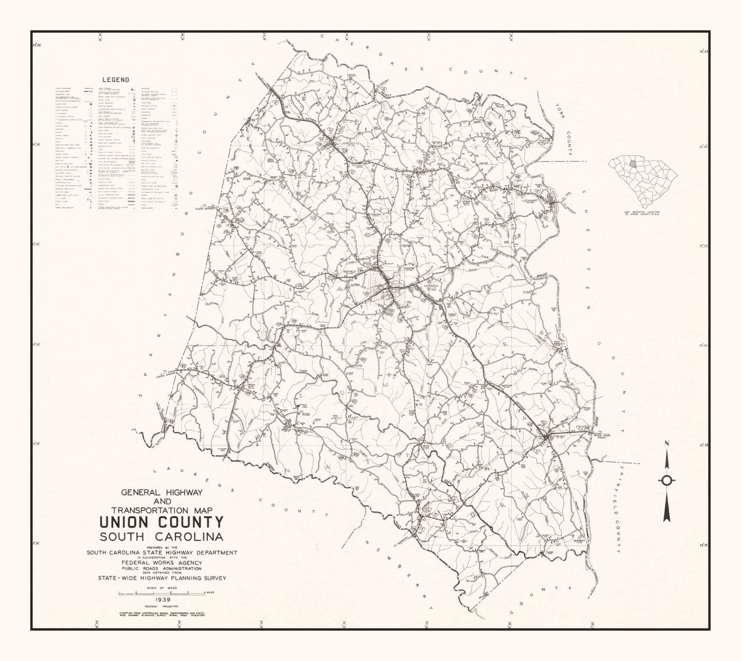 Vintage Map of Union County, South Carolina, 1939