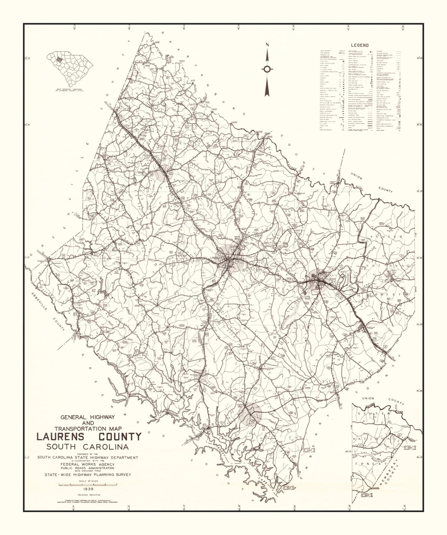 Vintage Map of Laurens County, South Carolina, 1939