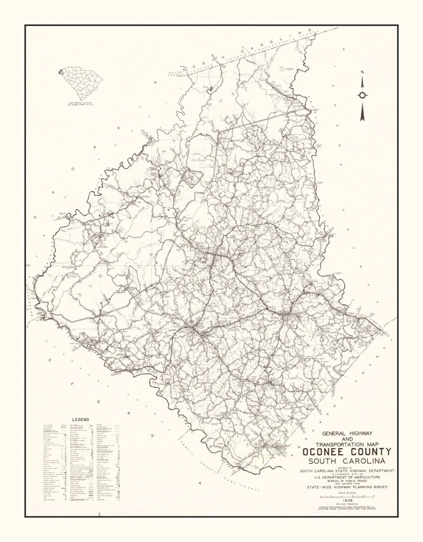 Vintage Map of Oconee County, South Carolina, 1939