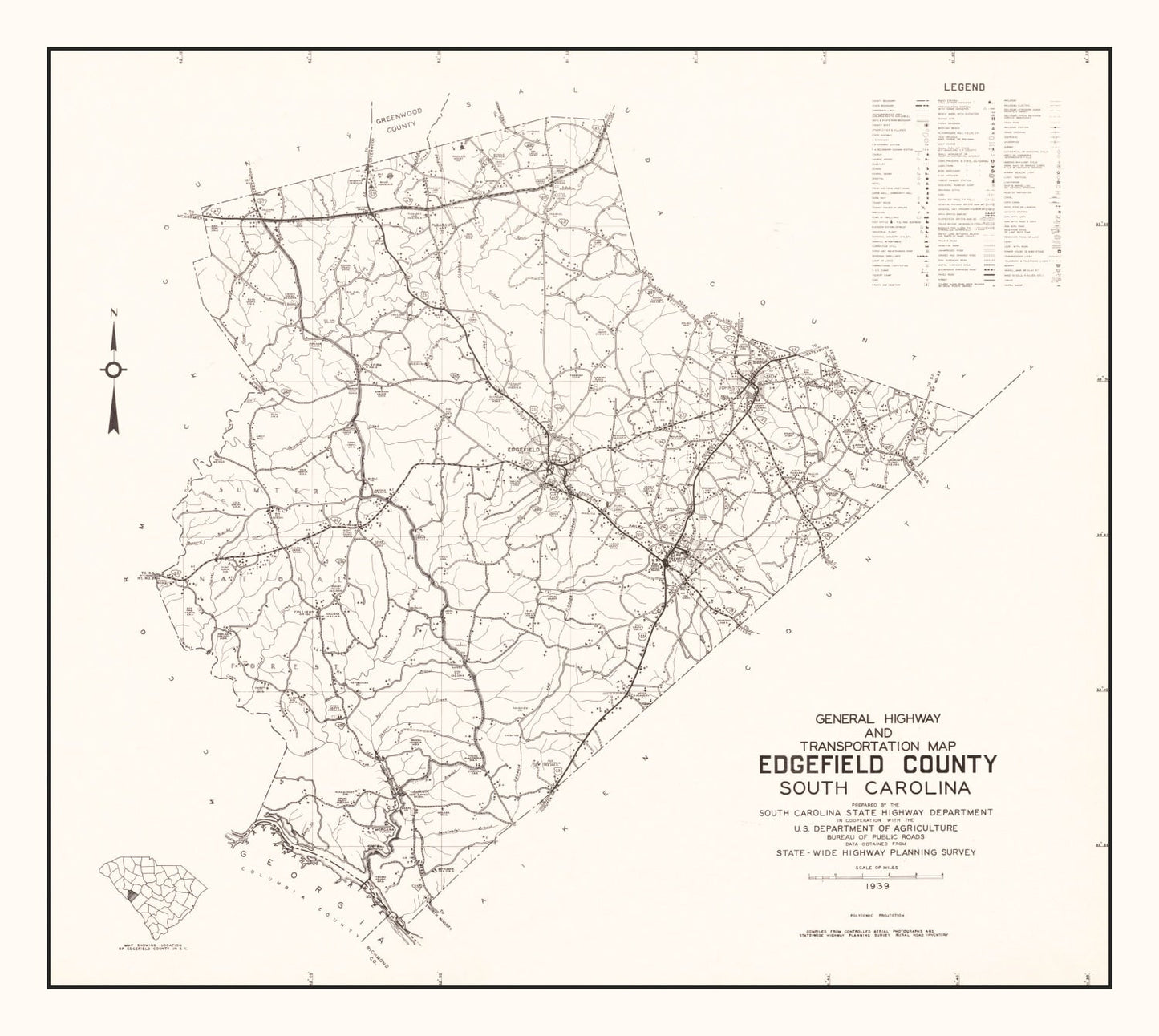 Vintage Map of Edgefield County, South Carolina, 1939