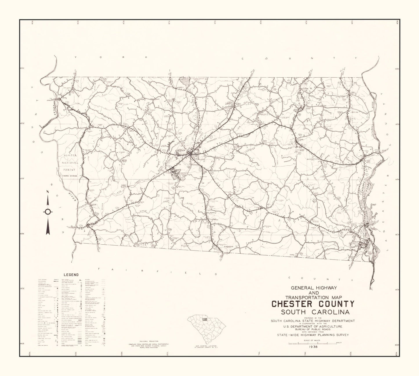 Vintage Map of Chester County, South Carolina, 1938