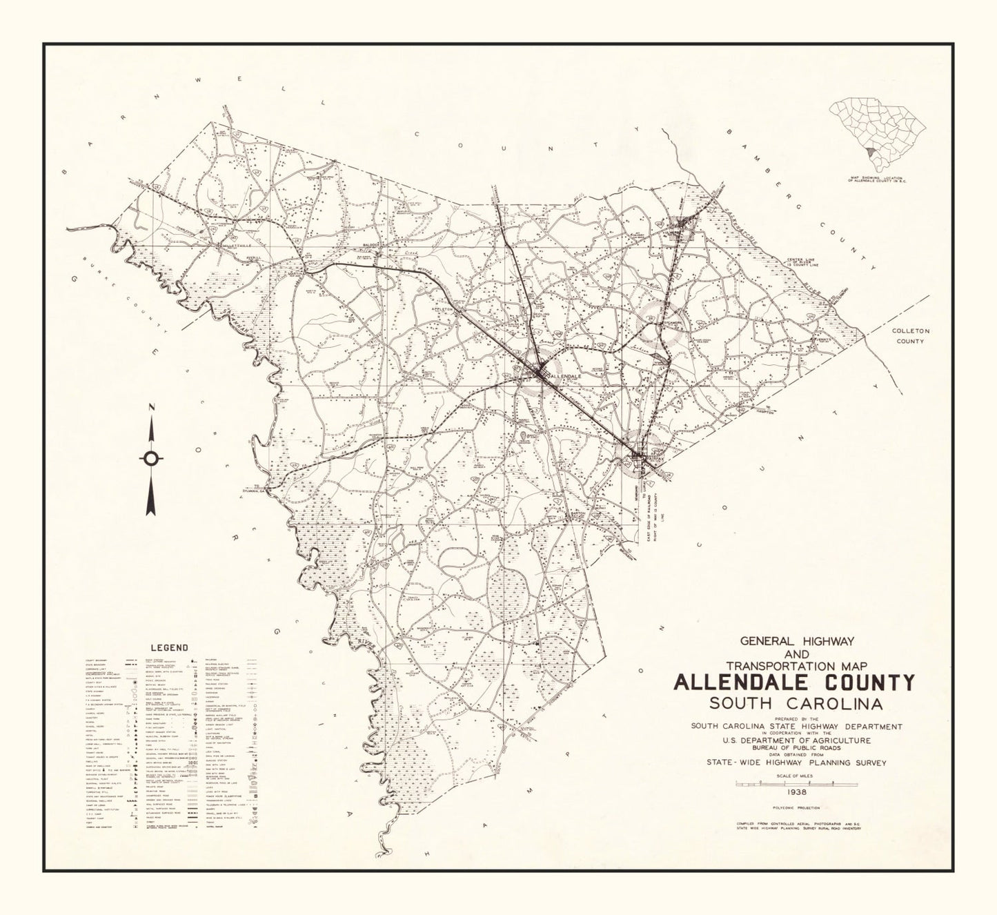 Vintage Map of Allendale County, South Carolina, 1938