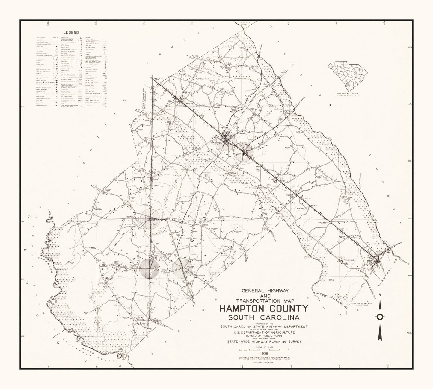 Vintage Map of Hampton County, South Carolina, 1938
