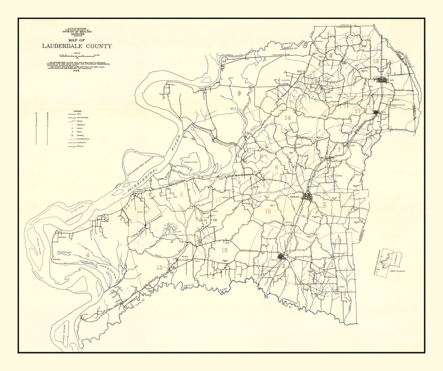 Vintage Map of Lauderdale County, Tennessee, 1935