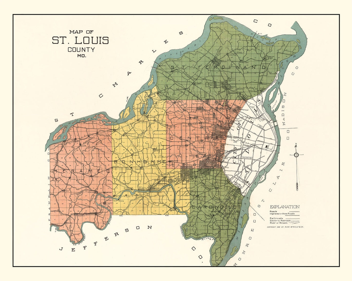 Vintage Map of St. Louis County, Missouri, 1912