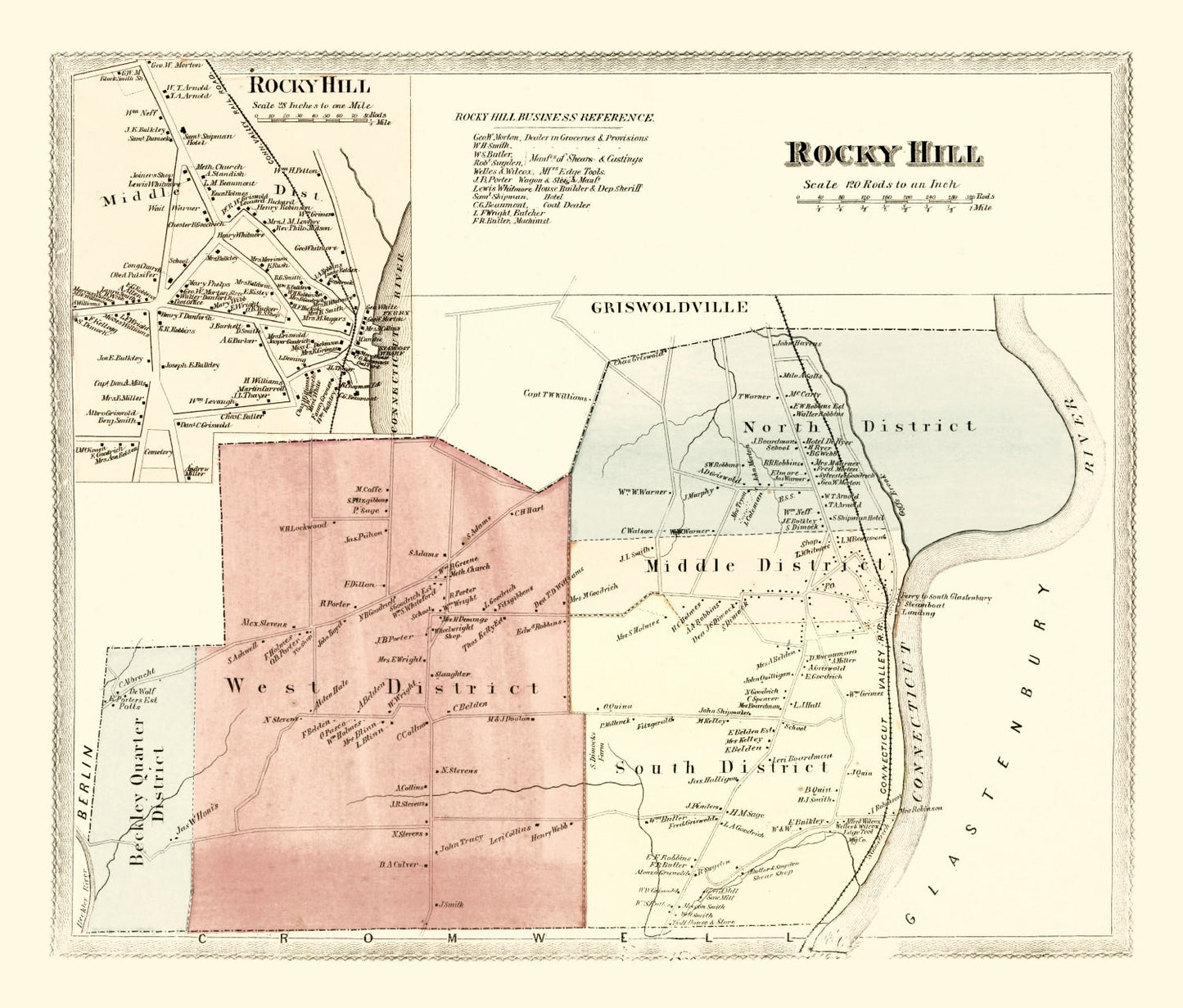 Vintage Map of Rocky Hill, Connecticut, 1869